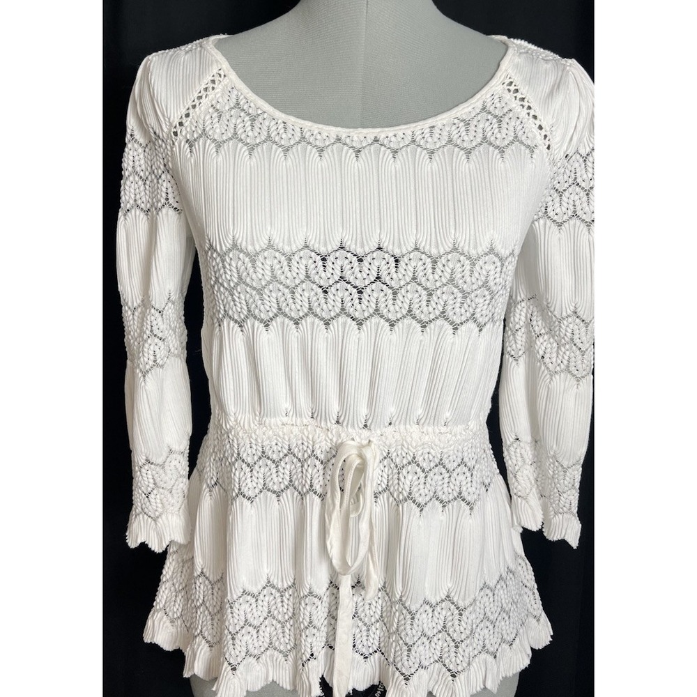 Free People Women's XS White Open Knit Lace 3/4 Sleeve Tunic Top Fairy Boho